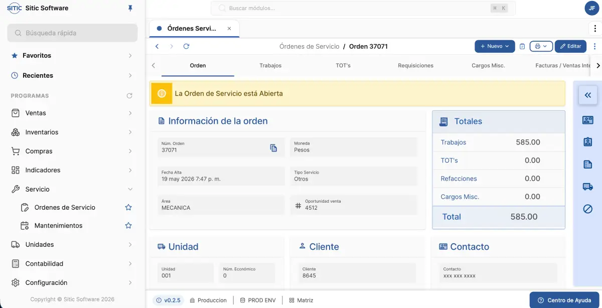 Módulo de órdenes de servicio en SITIC Software