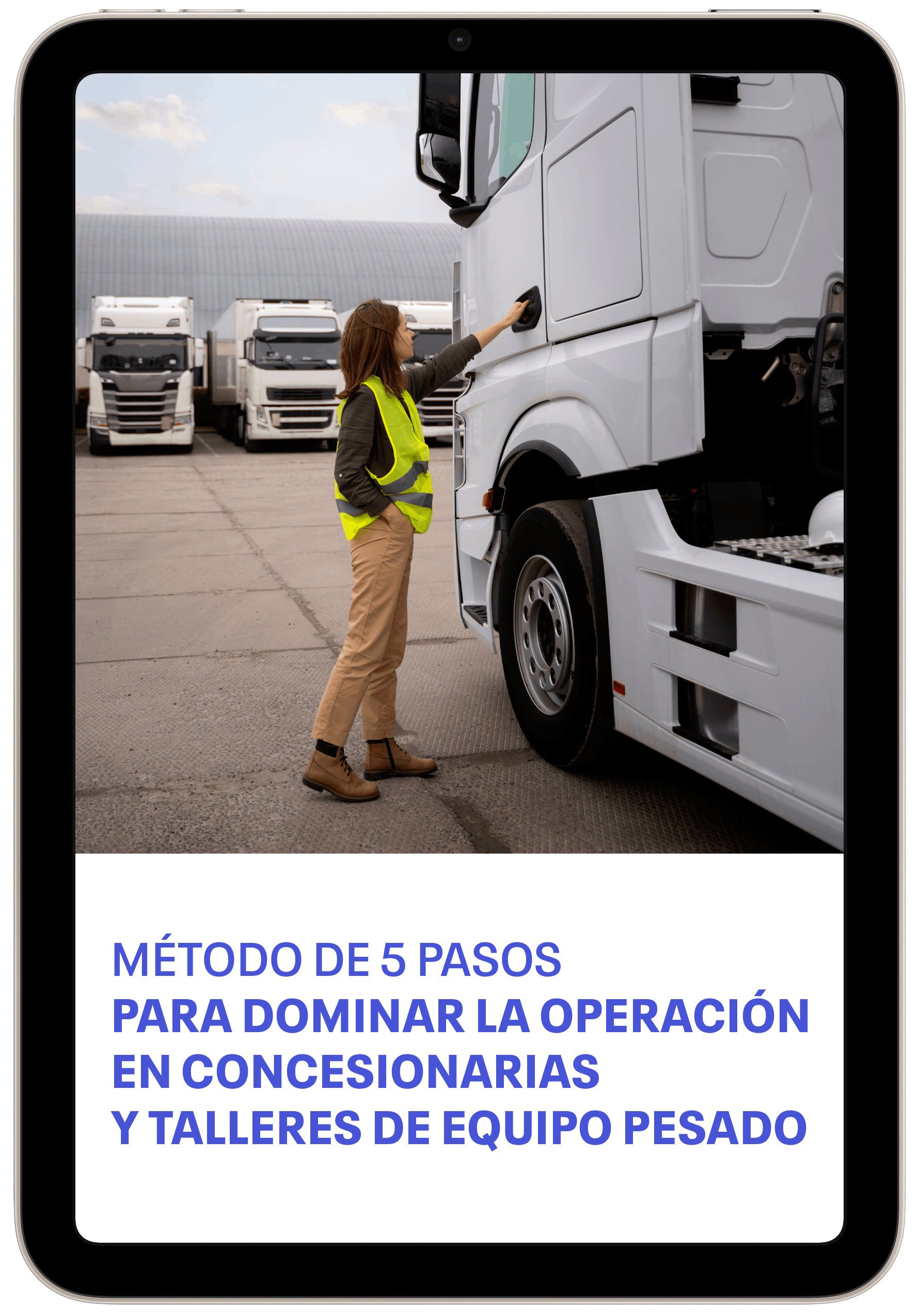 Mujer supervisando un camión de carga en un patio de concesionaria de equipo pesado como parte de la gestión operativa.